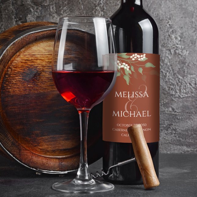 Terracotta Wedding Greenery Personalised  Wine Label (Terracotta elegant greenery calligraphy ampersand wine bottle label.)