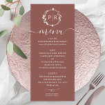 Terracotta Wedding Menu Card<br><div class="desc">A simple chic foliage faux foil monogram terracotta wedding menu card. Easy to personalise with your details. Modern boho wedding menu card editable, wreaths photo wedding invitation, customisable, calligraphy handwritten font, simple, elegant. CUSTOMIZATION: If you need design customisation, please contact me through chat; if you need information about your order,...</div>