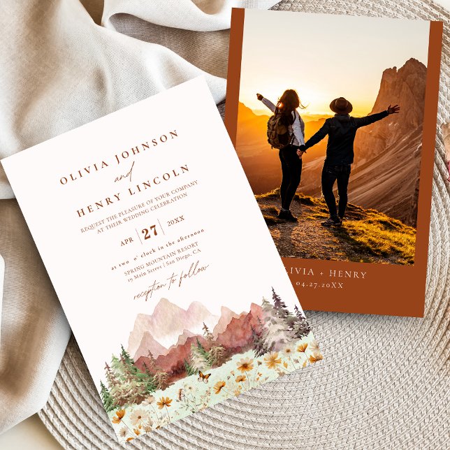 Terracotta Wedding Mountain Wildflower Photo Invitation (Creator Uploaded)