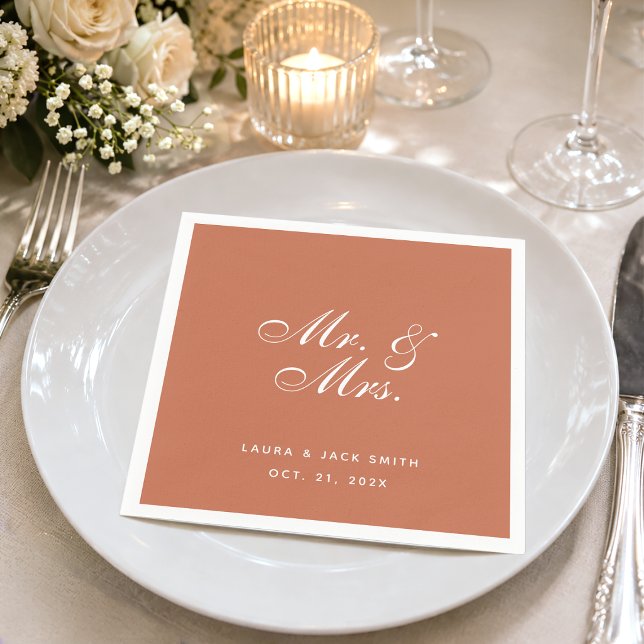 Terracotta Wedding Mr. and Mrs. Brown White Script Napkin (Creator Uploaded)