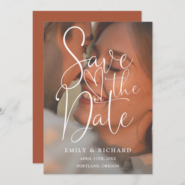 Terracotta Wedding Photo Elegant Script QR Code Save The Date (Front/Back)
