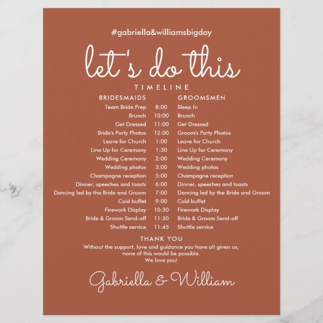 Terracotta Wedding Schedule Timeline (Front)