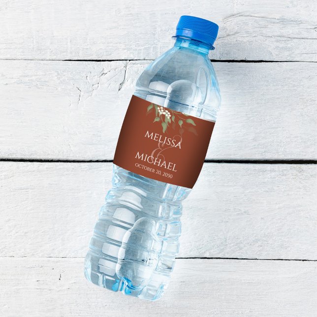 Terracotta Wedding Script Custom Water Bottle Label (Terracotta wedding water bottle label with stylish calligraphy ampersand.)