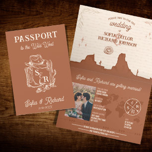 Terracotta Western Wedding Destination Passport Invitation