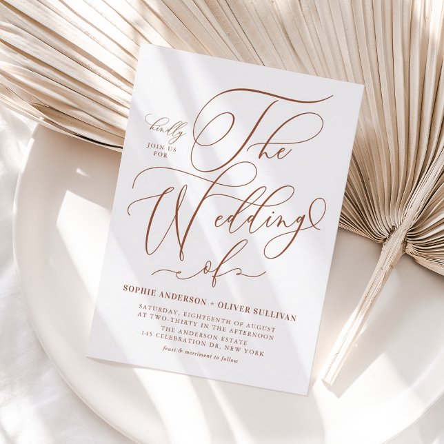 Terracotta Whimsical Calligraphy Wedding Invitation Postcard (Terracotta Whimsical Calligraphy Wedding Invitation with RSVP Postcard)