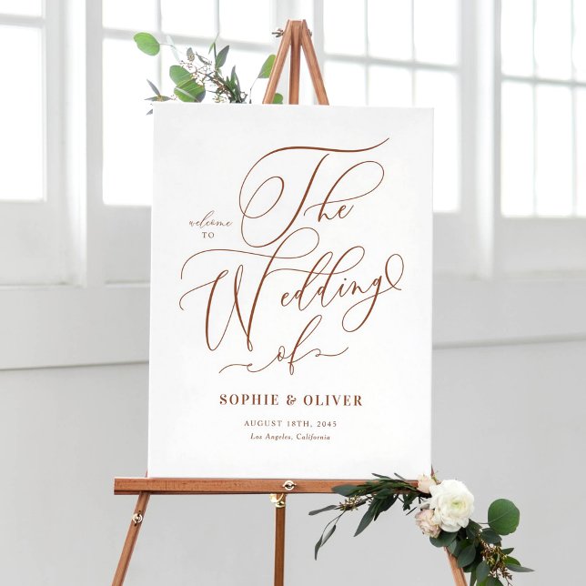 Terracotta Whimsical Calligraphy Wedding Welcome Poster (Customizable wedding welcome sign featuring terracotta whimsical calligraphy. )