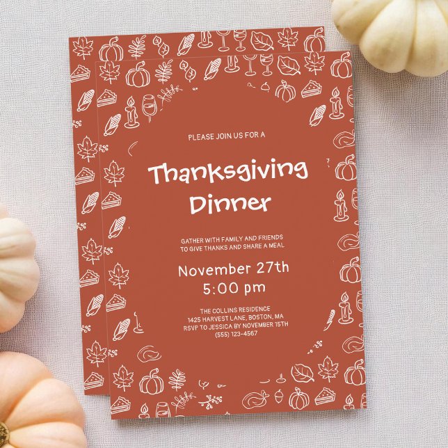 Terracotta Whimsical Hand Drawn Thanksgiving Party Invitation (Terracotta Whimsical Hand Drawn Thanksgiving Party Invitation)