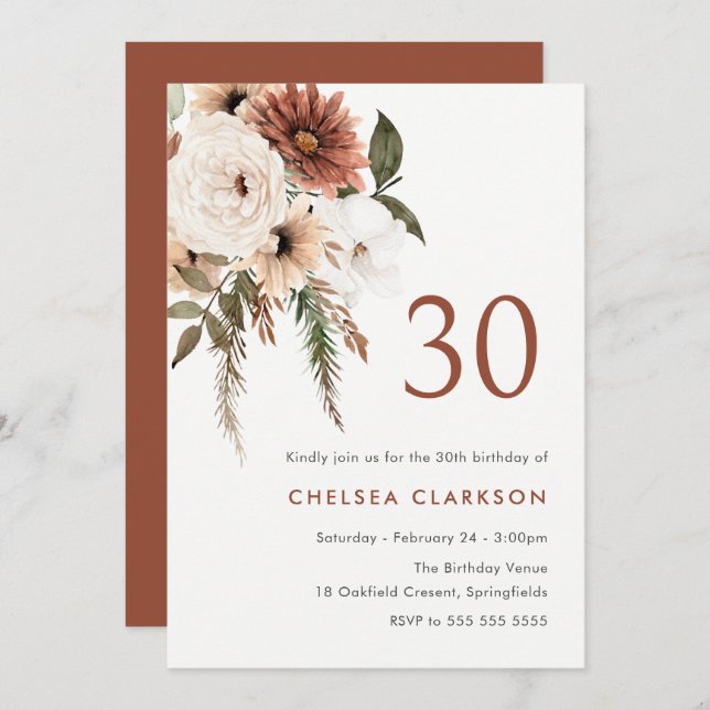 Terracotta & White Boho Floral 30th Birthday Party Invitation (Front/Back)