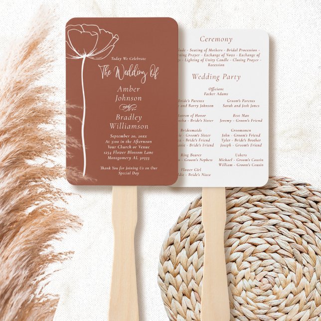 Terracotta White Bold Rustic Modern Floral Program Hand Fan (Creator Uploaded)