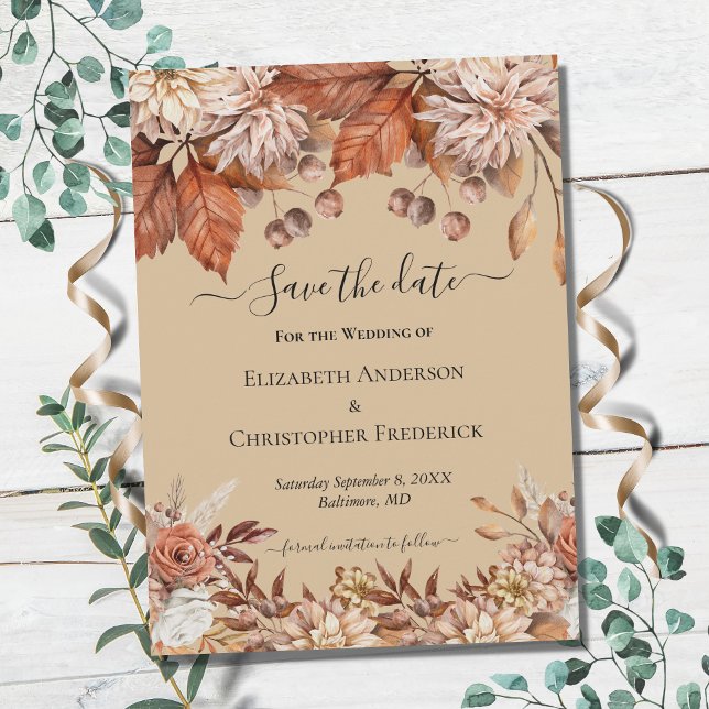 Terracotta White Brown Floral Elegant Boho Wedding Save The Date (Creator Uploaded)