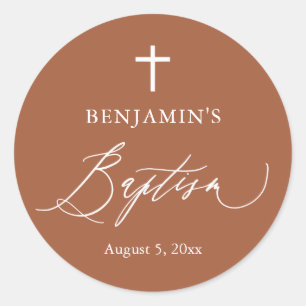 Terracotta White Cross Boy Baptism Round Sticker