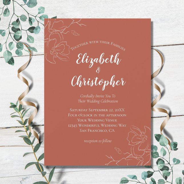 Terracotta White Floral Botanical Modern Wedding I Invitation (Creator Uploaded)
