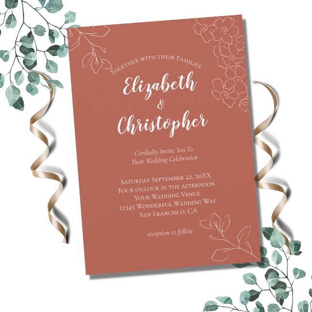 Terracotta White Floral Botanical Modern Wedding Invitation (Creator Uploaded)