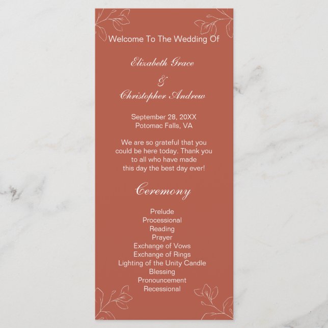Terracotta White Floral Botanical Wedding Program Menu (Front)