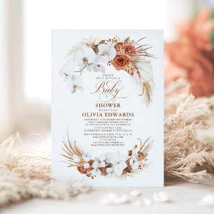 Terracotta White Flowers Boho Chic Baby Shower Invitation