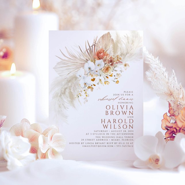 Terracotta White Flowers Boho Rehearsal Dinner Invitation (Terracotta Floral Boho Rehearsal Dinner Invitations)