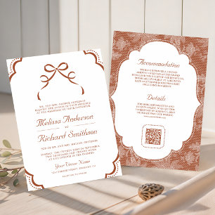 Terracotta White Lace Coquette Bow QR Code Wedding Invitation