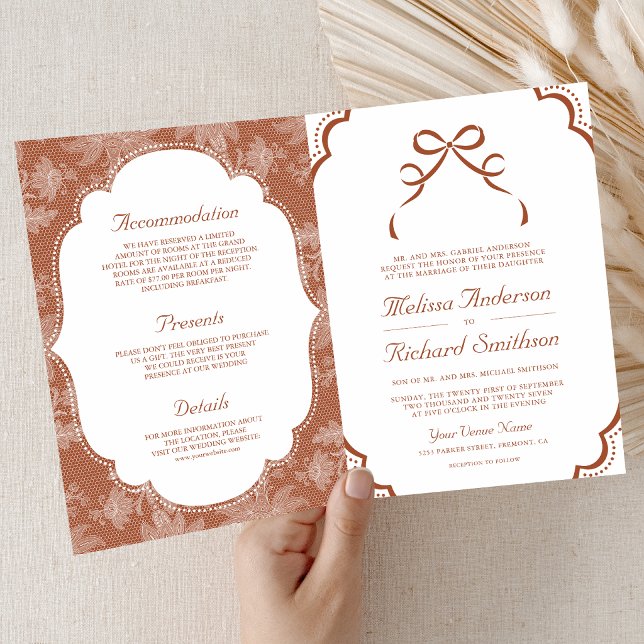 Terracotta White Lace Coquette Bow QR Code Wedding Invitation (Creator Uploaded)