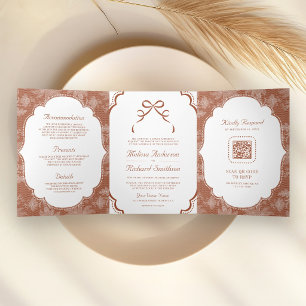 Terracotta White Lace Coquette Bow QR Code Wedding Tri-Fold Invitation