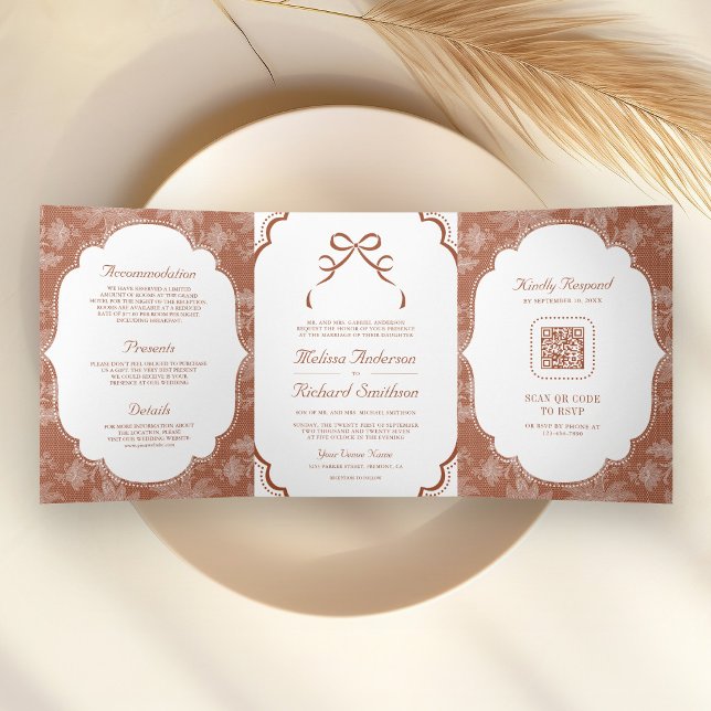 Terracotta White Lace Coquette Bow QR Code Wedding Tri-Fold Invitation (Creator Uploaded)