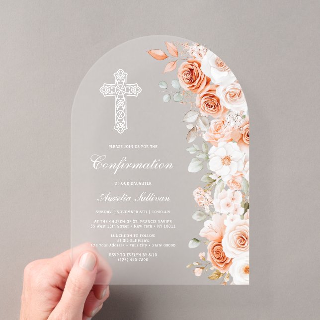 Terracotta White Roses Arch Confirmation Acrylic Invitations (Insitu (Handheld))