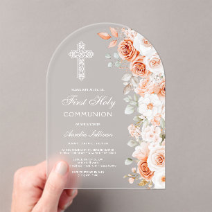 Terracotta White Roses Arch First Communion Acrylic Invitations