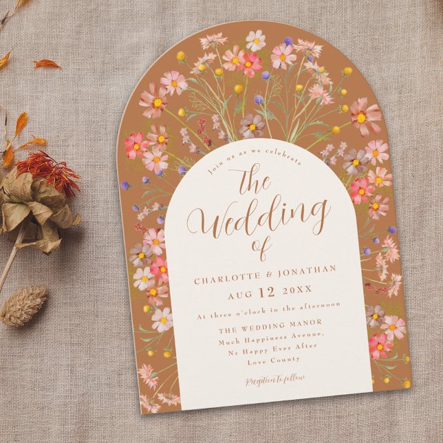 Terracotta Wildflower Arch Fall Wedding Invitation (Boho fall wildflower floral arch terracotta burnt orange wedding with elegant script)