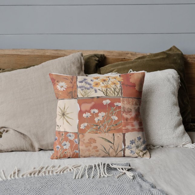 Terracotta Wildflower Boho Patchwork Rustic Spring Cushion (Creator Uploaded)