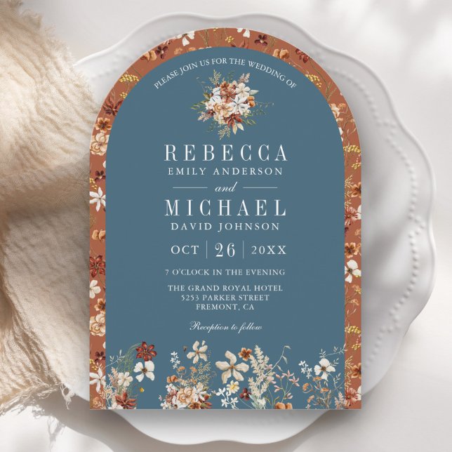 Terracotta Wildflower Dusty Blue Arch Wedding Invitation (Creator Uploaded)