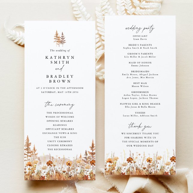 Terracotta Wildflower Mountain Wedding Ceremony Programme (Terracotta wildflower mountain wedding program front and back, elegant boho ceremony program card)