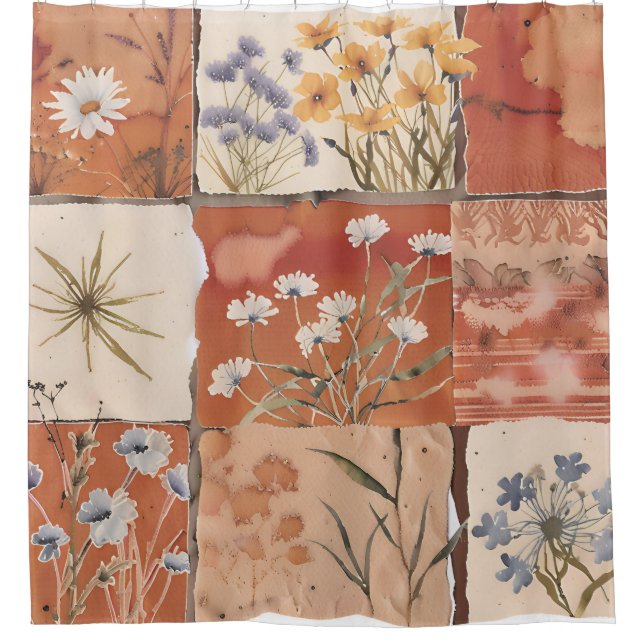Terracotta Wildflower Patchwork Boho Rustic Spring Shower Curtain (Front)