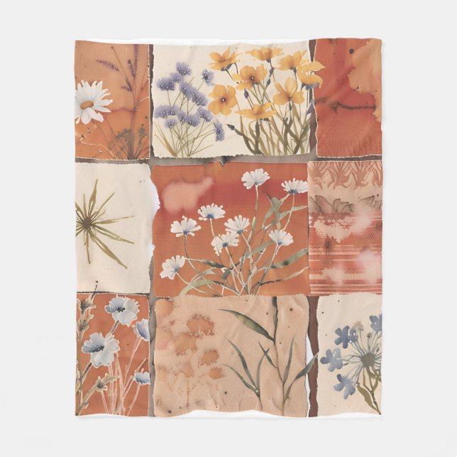 Terracotta Wildflower Patchwork Rustic Boho Spring Fleece Blanket (Front)