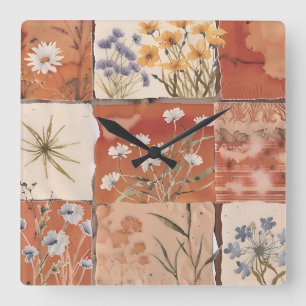 Terracotta Wildflower Patchwork Rustic Boho Spring Square Wall Clock