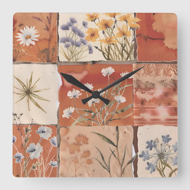 Terracotta Wildflower Patchwork Rustic Boho Spring Square Wall Clock (Front)