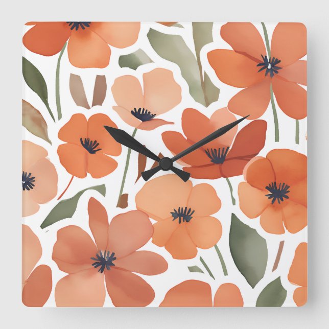 Terracotta Wildflower Rustic Boho Wall Accent Square Wall Clock (Front)