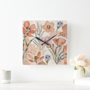 Terracotta Wildflower Rustic Boho Wall Accent Square Wall Clock