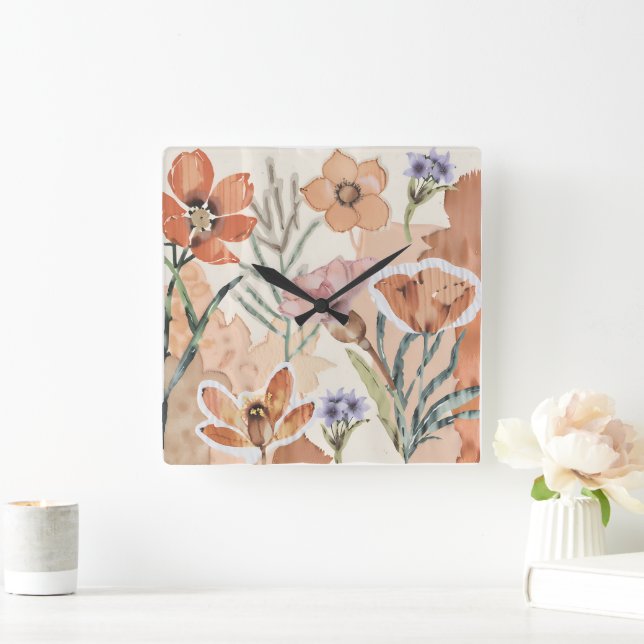 Terracotta Wildflower Rustic Boho Wall Accent Square Wall Clock (Home)