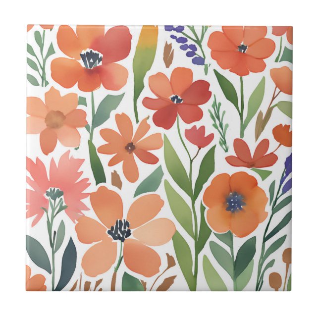 Terracotta Wildflower Rustic Boho Wall Accent  Tile (Front)