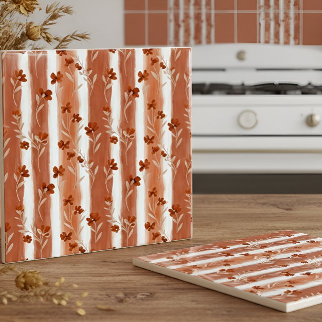 Terracotta Wildflower Vertical Stripe Boho Pattern Tile (Creator Uploaded)