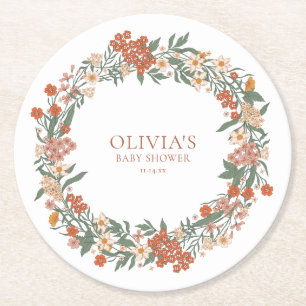 Terracotta Wildflower Wreath Sage Baby Shower Round Paper Coaster