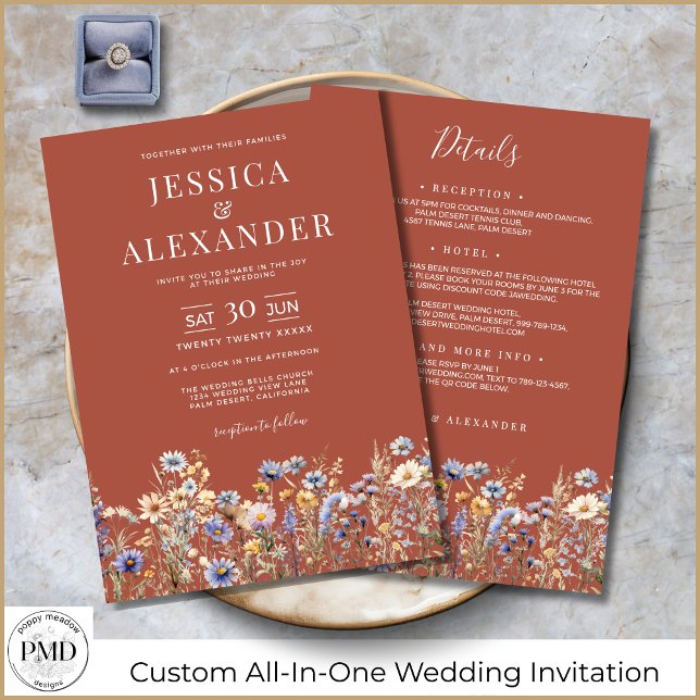 Terracotta Wildflowers All In One Elegant Wedding Invitation (Terracotta Wildflowers All-In-One Elegant Wedding Invitation with Reception Details on the Back.)