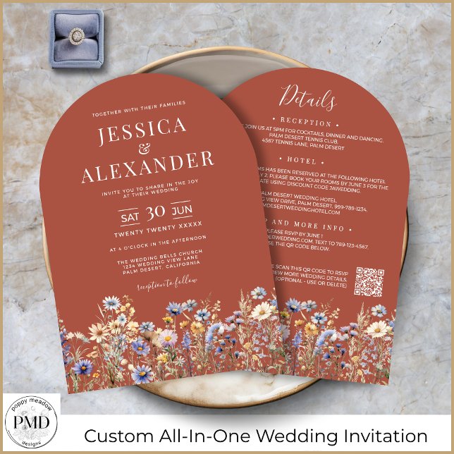 Terracotta Wildflowers All In One QR Code Wedding Invitation (Terracotta Wildflowers All-In-One QR Code Arch Wedding Invitation with Details on the Back.)