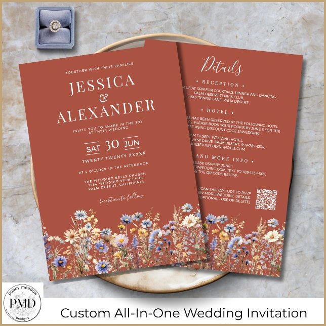 Terracotta Wildflowers All In One QR Code Wedding Invitation (Terracotta Wildflower All-In-One QR Code Wedding Invitation with Dusty Blue Flowers, Details on Back)
