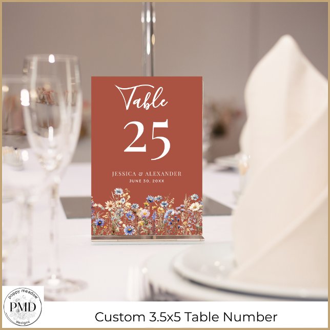 Terracotta Wildflowers Elegant Script Wedding Table Number (Terracotta Wildflowers Elegant Script 3.5x5 Wedding Table Number with Couple Names, Date.)