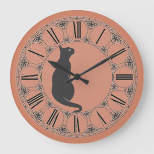 Terracotta with Black Cat and Roman Numeral Face Large Clock