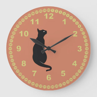 Terracotta with Black Cat and Yelllow Face Large Clock