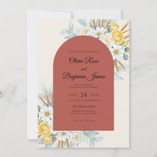 Terracotta Yellow Daisy Eucalyptus Wedding Invitation