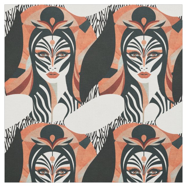 Terracotta Zebra Muse Art Deco Pattern Fabric (Swatch)