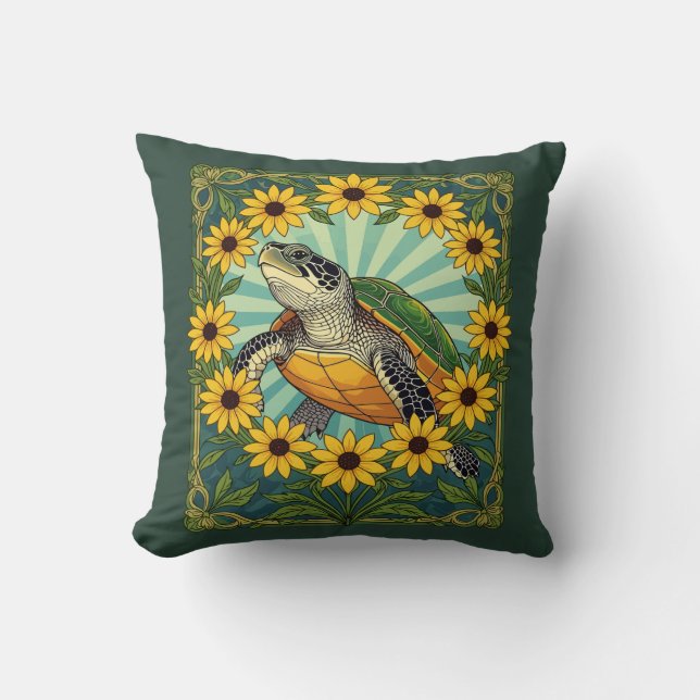 Terrapin And Black Eyed Susan Flowers Art Nouveau  Cushion (Front)
