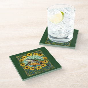 Terrapin And Black Eyed Susan Flowers Art Nouveau  Glass Coaster